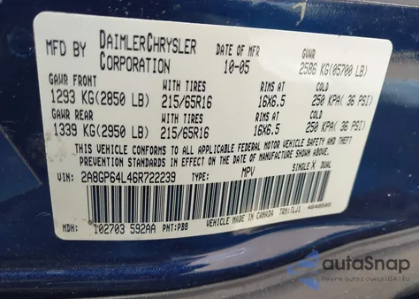 2006 Chrysler Town & Country Limited из США, поврежденный, VIN 2A8GP64L46R722239